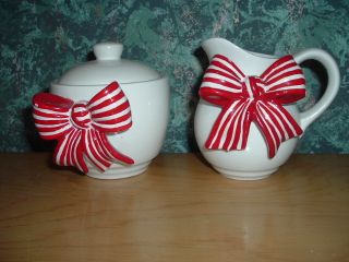 Unmarked Cream And Covered Sugar With Applied Striped Bows photo