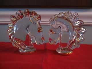 Art Deco Art Glass Horse Heads Clear Gold Trim Equine Stallions photo