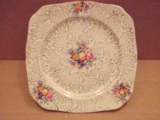 H&k Tunstall Floral Fruit Square Gold Gilt Chintz Plate photo