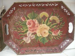 Shabby Vintage Hand Painted Red Floral Tole Tray Roses photo