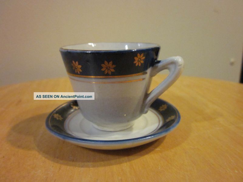 China Teacup Saucer White W Blue Band Gold Gilt Flowers Cups & Saucers photo