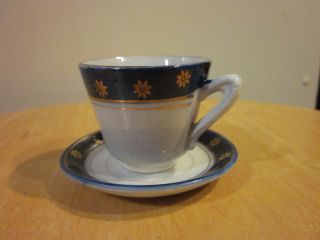 China Teacup Saucer White W Blue Band Gold Gilt Flowers photo