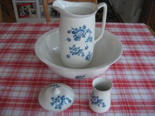 Antique Blue White Roses Victorian Pitcher And Bowl Set With Dish,  Vase Large photo