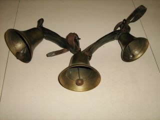 3 Antique Brass Cow Or Horse Bells W/ Leather Straps photo