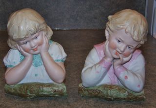 Fine Bisque Porcelain Pair Of Germany Boy Girl Figurines Horn Bros Bust photo