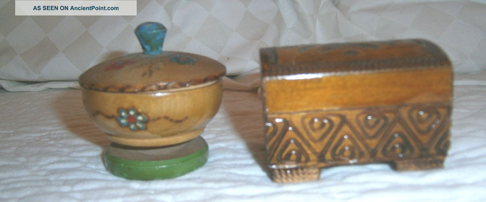 Two Small Hand Crafted Wooden Boxes One Hand Painted One Inlaid W/brass Boxes photo