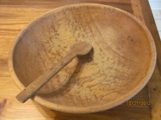 Early Wooden Treenware Bakers Dough Bread Bowl And Wooden Spoon photo