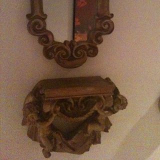 Antique Vintage Florentine Italian Cherub Gold Gilt Wall Shelf & Matching Mirror photo
