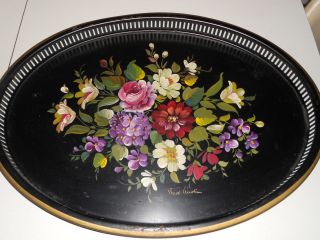 Vintage Ex.  Large Nashco Handpainted Gallery Tole Tray,  Artist Signed,  Nr photo