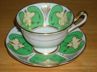Royal Albert England Teacup And Saucer Green White Pale Yellow Gold Trim Ec photo