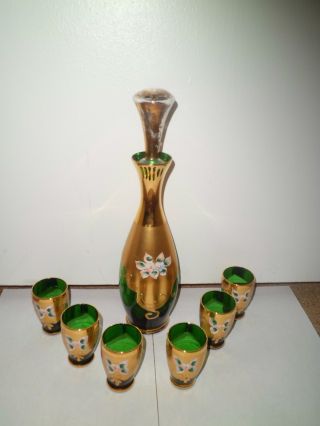 Vintage Bohemian 7 Pc Emerald Green Gold Gilt Decanter Set Enamel Flowers photo