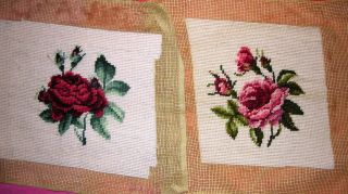 2 Lot Vintage Needlepoint Rose Picture Handmade Not Framed For Hanging Or Pillow photo