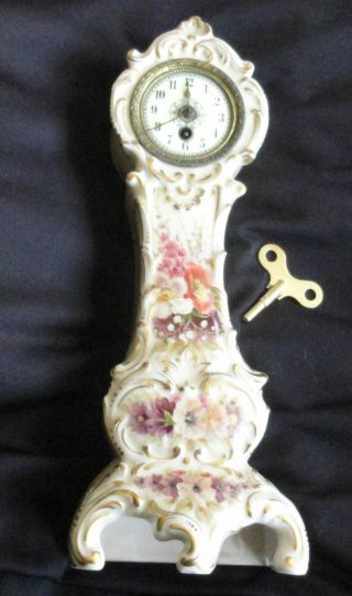 Antique Porcelain German Mantel Clock Handpainted Floral Wind With Key Signed photo