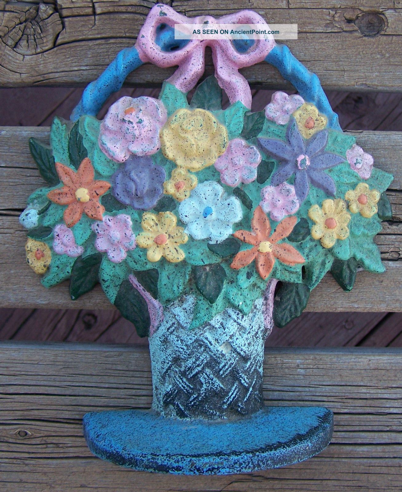 Doorstop Antique Cast Iron Flower Basket Paint Blue Turquoise Pink Metalware photo
