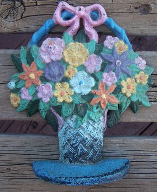 Doorstop Antique Cast Iron Flower Basket Paint Blue Turquoise Pink photo