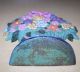 Doorstop Antique Cast Iron Flower Basket Paint Blue Turquoise Pink Metalware photo 2