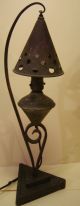 Antique Wrought Iron Art Deco Mid - Century Triangle Base Table Lamp Light Fixture Lamps photo 2