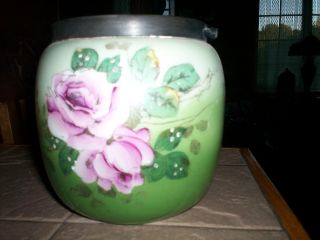 Antique Hand Painted Rose Vase - Cracker Jar photo