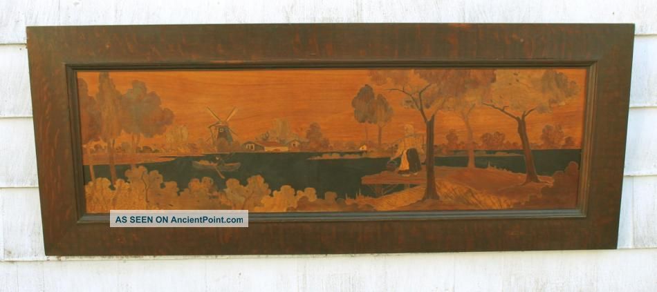 Huge Antique Marquetry Wood Inlaid Landscape Arts & Crafts Oak Frame Nr Other photo