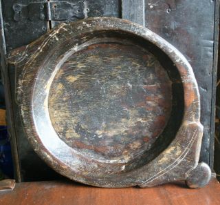 Antique 19th C.  Primitive Hand Carved Rustic Wood Platter Handled Bowl photo