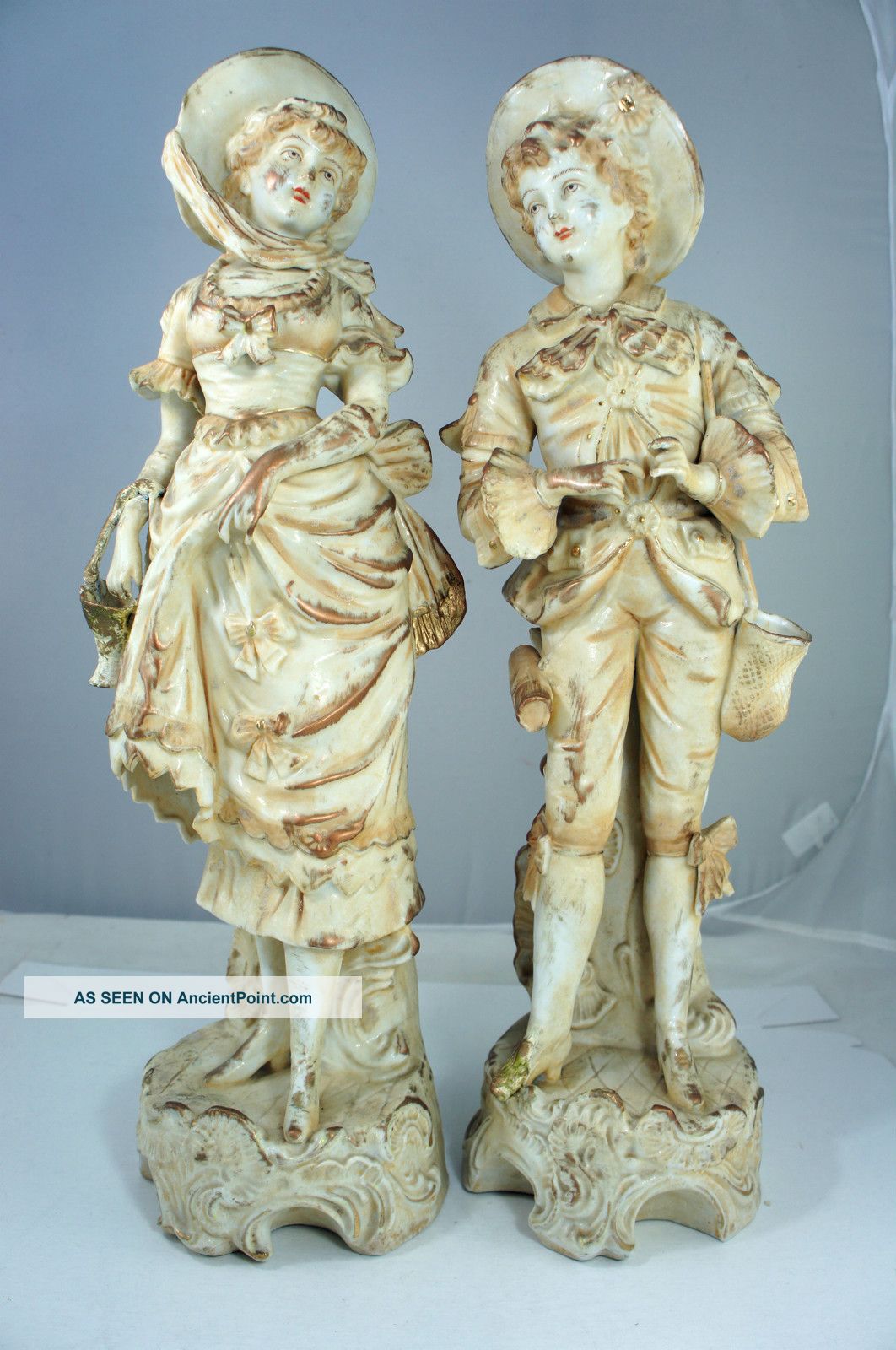 Pair Antique Porcelain Victorian Lady & Man Figurine 16  Tall Figurines photo