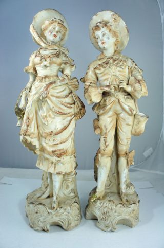 Pair Antique Porcelain Victorian Lady & Man Figurine 16  Tall photo