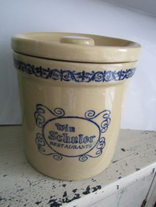 Vintage Old Cheese Crock Pottery Jar Stoneware Win Schuler Restaurant W Lid photo
