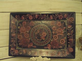 Unique Rare Antique French Chic Wood Black Lacquer Tray Handpainted Flowers Nr photo