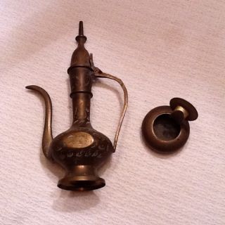 Vintage Antique India Brass Suraki Hand Etched Teapot Oil Pitcher & Trinket Box photo