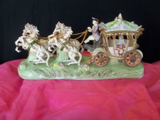 Vintage Porcelain Victorian Capodimonte Type Cinderella Horse Drawn Carriage photo