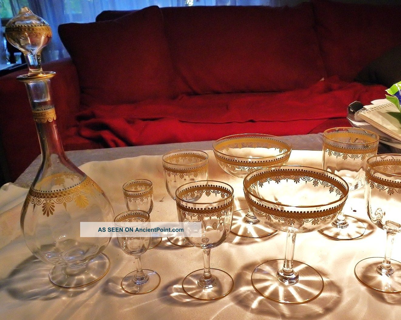 Antique French Empire Glass Set 1890 Gold Enamel Stemware photo