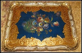 Unusual Antique Italian Blue & Gold Italian Florentine Platter Or Tray Nr photo