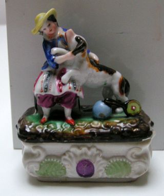 Antique Figural German Porcelain Fairing Trinket Box Girl & Spaniel Dog photo