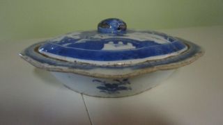 Antique Blue Stoneware Serving Dish W/lid - Very Old & Unique,  Asian Design photo