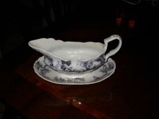 Antique Purple Transferware Sauce Boat & Liner Made By Woodson,  Sydney Pattern photo