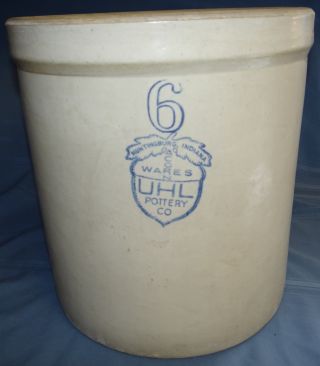 Uhl Blue Acorn Wares Crock Pottery Stoneware 6 Gallon Vtg Antique Huntington Ind photo