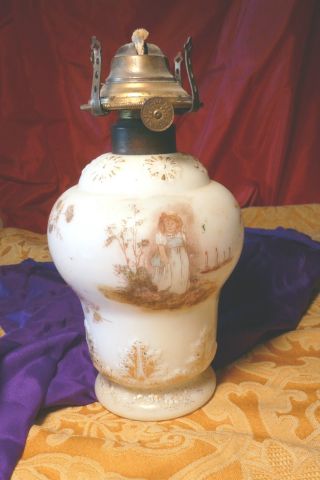 Antique Banner Kerosene Lamp. . .  Glass.  Children,  Cherubs.  Unique And Lovely photo