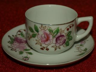 Vintage Rare & Beautifully Hand Painted Occupied Japan Demitasse Tea Cup Saucer photo