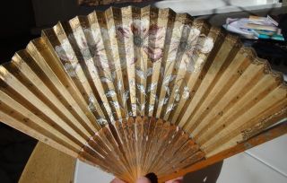 Antique Hand Painted Gold Leaf Fan photo
