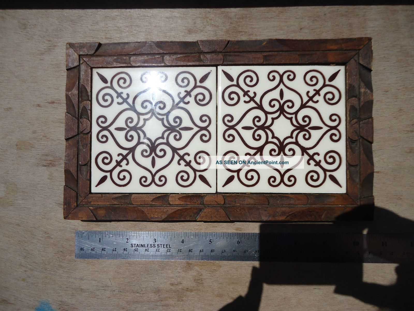 Small Vintage Hand Carved Painted Wooden Tray W/ Scrolls Design Tiles Spain? Trays photo