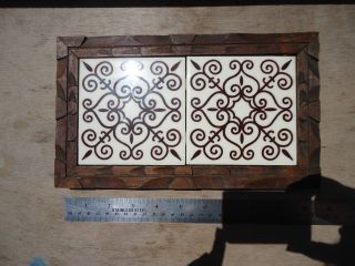 Small Vintage Hand Carved Painted Wooden Tray W/ Scrolls Design Tiles Spain? photo