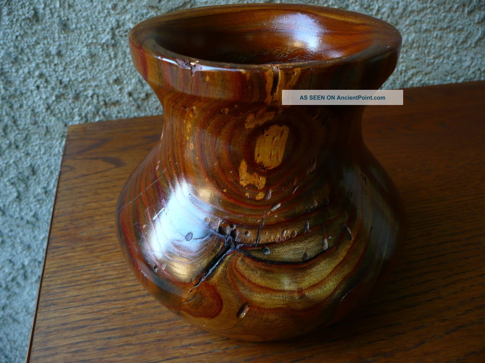 Vintage Signed Distressed Wood Turned Vase