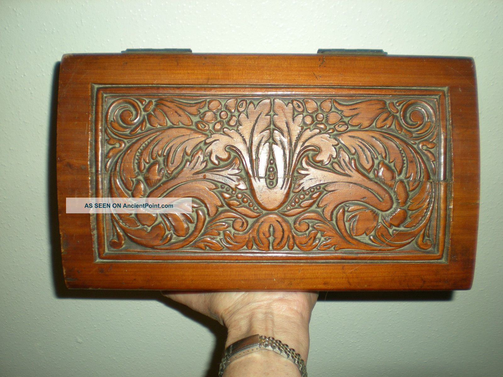 Antique Hand Carved Cedar Jewelry Box,  Brass Art Deco Handles & Latch,  Footed11 