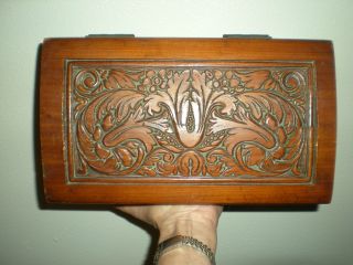 Antique Hand Carved Cedar Jewelry Box,  Brass Art Deco Handles & Latch,  Footed11 