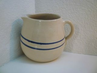 Vintage Stoneware Ceramic Pottery Crock Pitcher With Blue Stripes photo