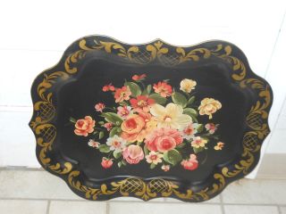 Rare Antique Hand Painted Toleware Floral Rose Large Metal Tray photo