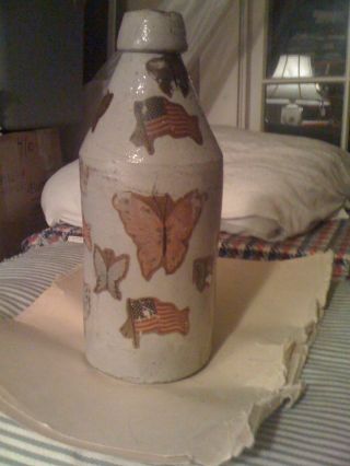 Very Cool Antique White Stoneware Beer? Bottle With Old Decals All Over It - Fab photo