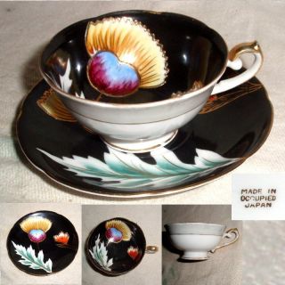 60yr Occupied Japan Black W/colorful Floral W/gold Gilt Cup & Saucer No Damage photo