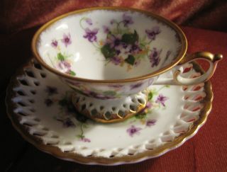 Vintage Norcrest Sweet Violets Cup Saucer Fine China Open Pierced Edge Numbered photo