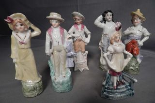 6 Germany Porcelain Antique Luster Figurines Miniatures 1890s Boys Girls photo